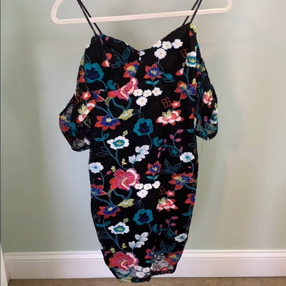 Lulus floral print dress with drop sleeves.